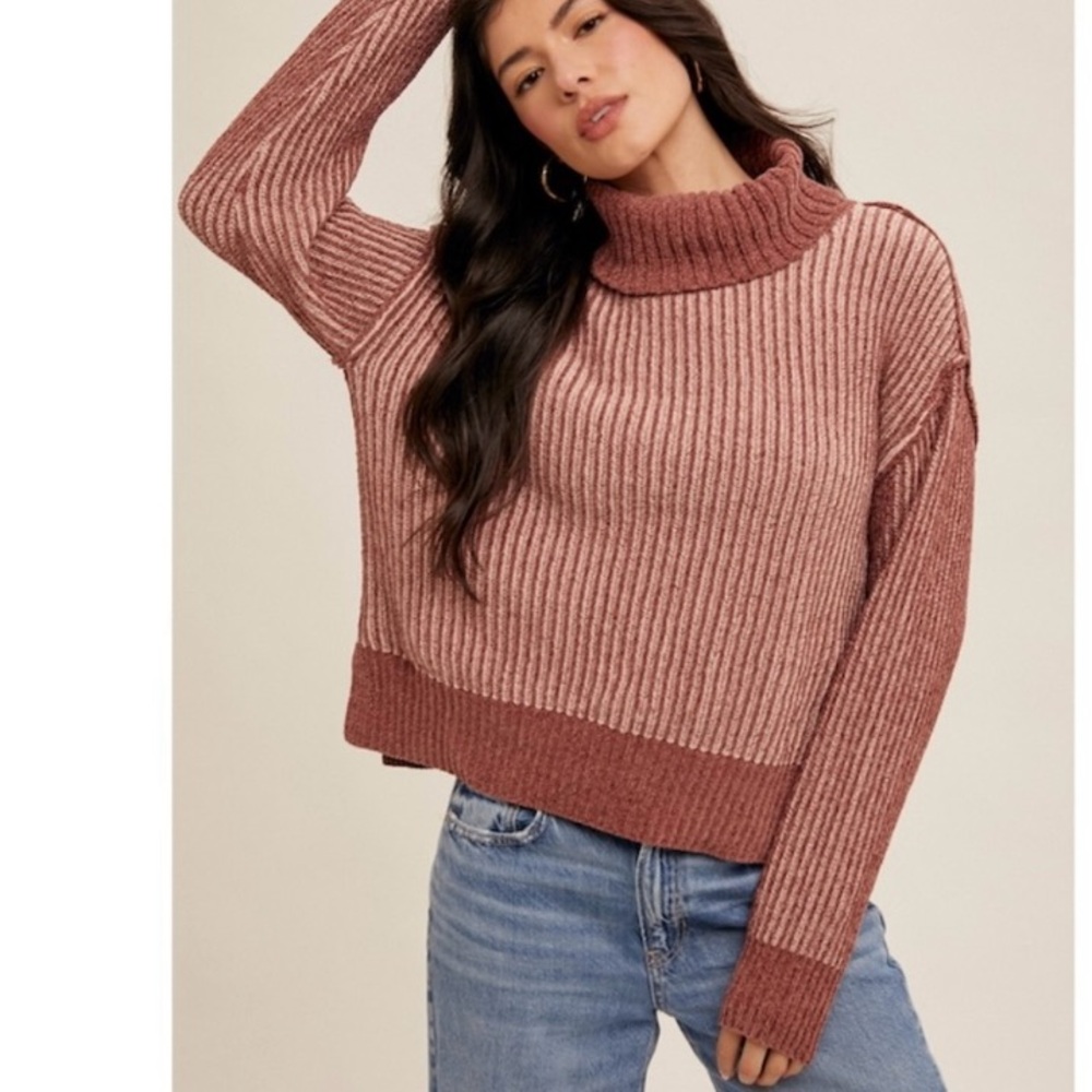 Hem & Thread Ribbed Cowl Neck Sweater - Mauve